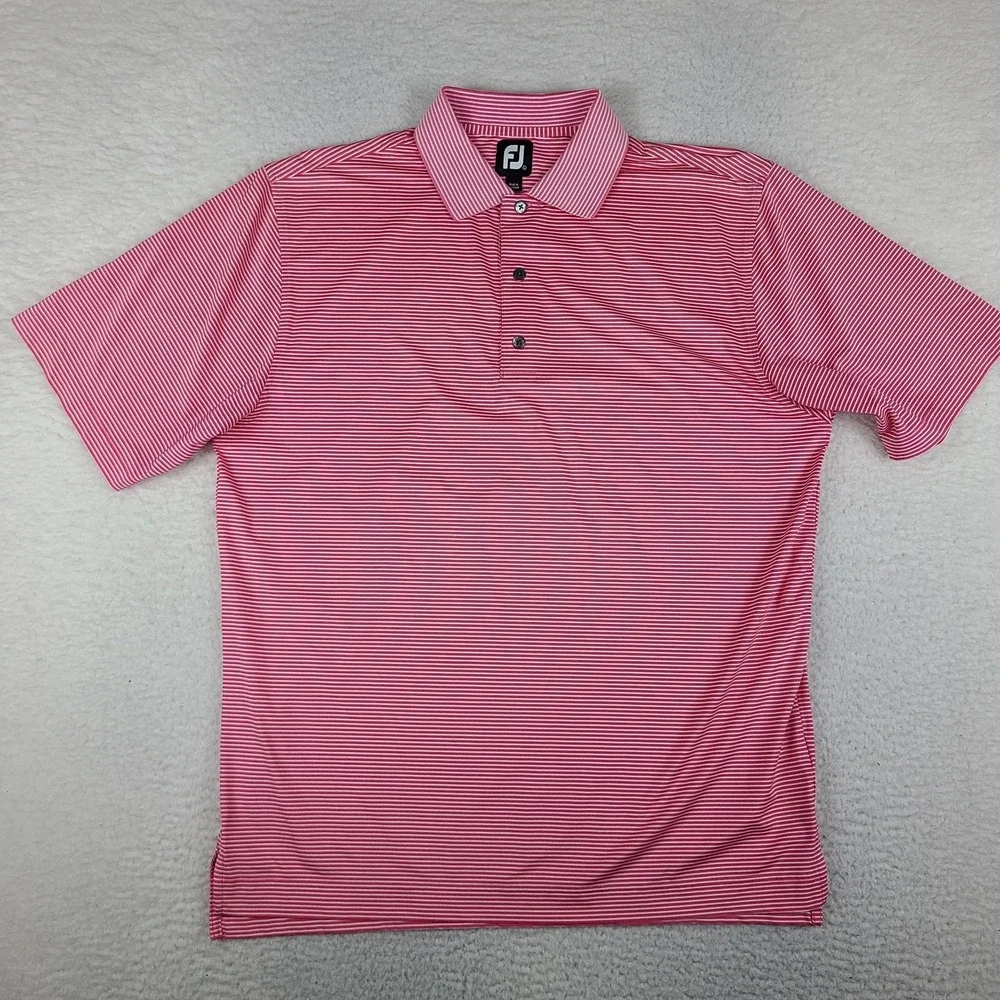 Foot Joy Polo Shirt Mens Large Pink Striped Performance FJ Golf Short Sleeve